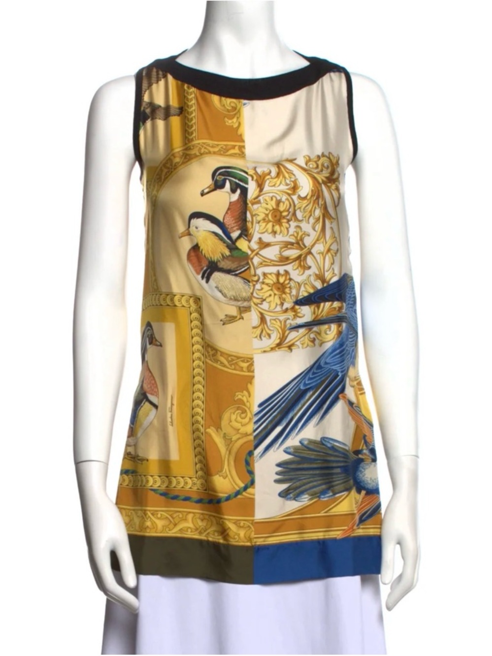 Salvatore Ferragamo Silk Sleeveless Tunic with Bird & Baroque Print